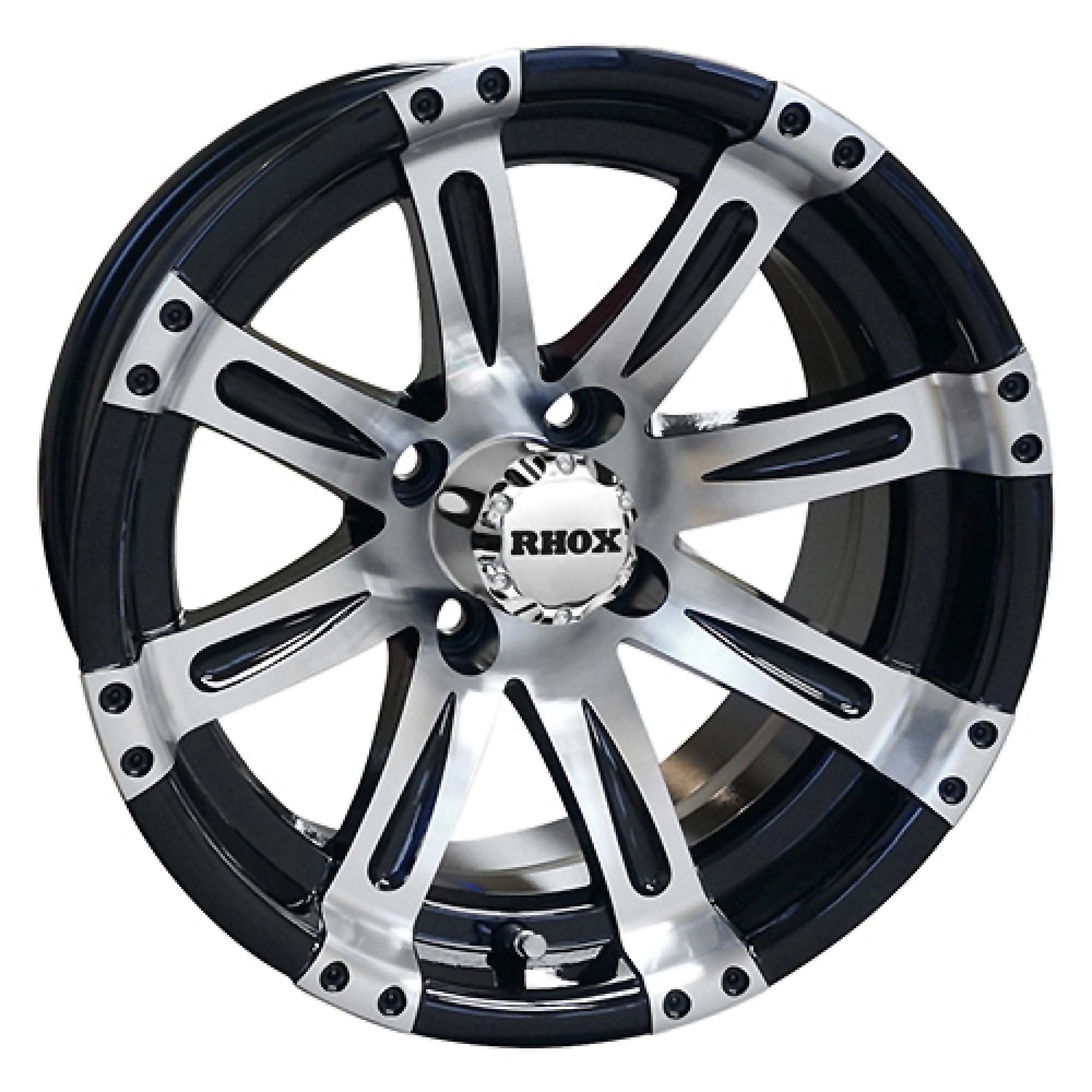 14x7 Wheel Machined w/Black, w/ Center Cap Golf Carts; TIR-RX220