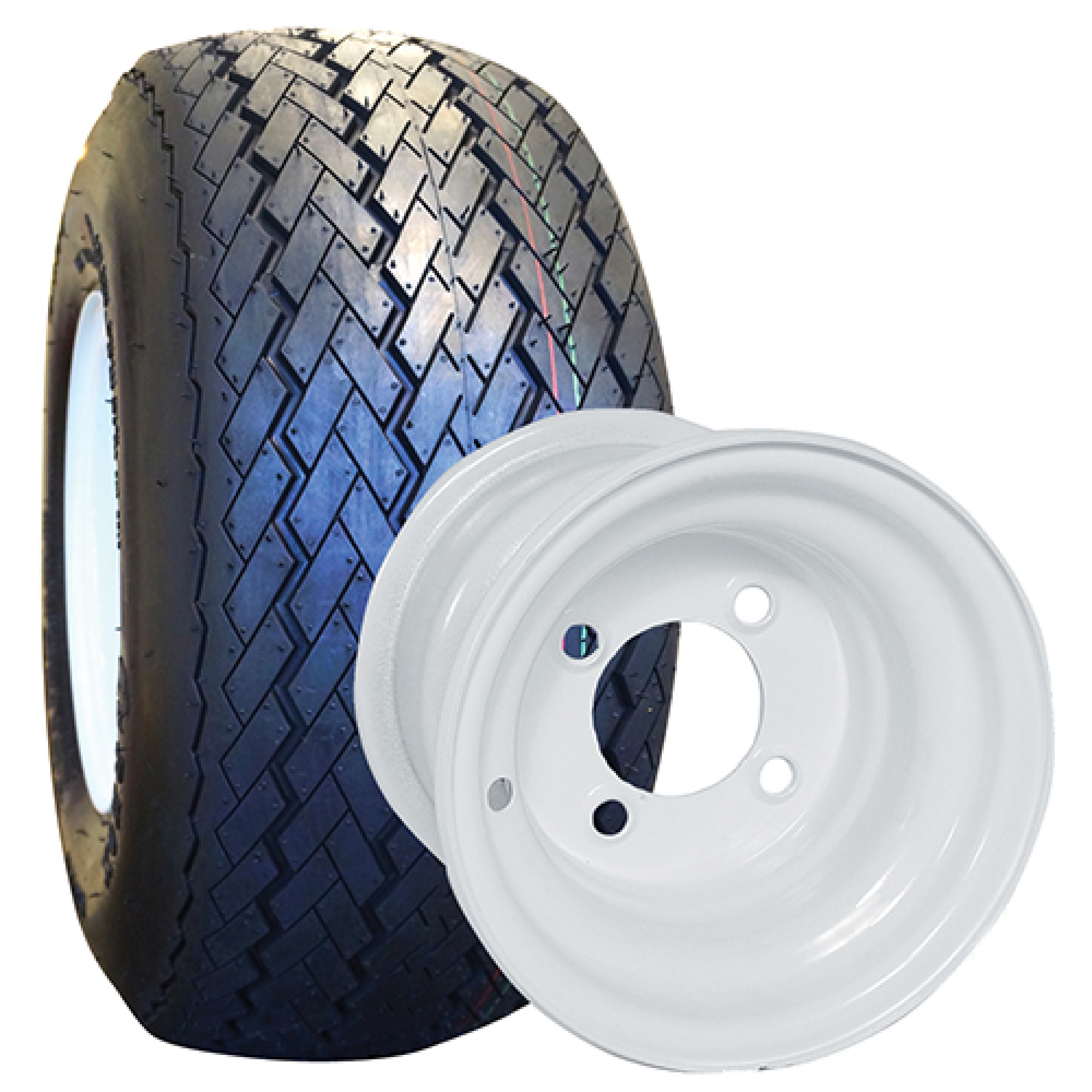 Tire and Wheel Assembly white steel wheel, RHOX Golf 18x8.5-8; TIR-310A