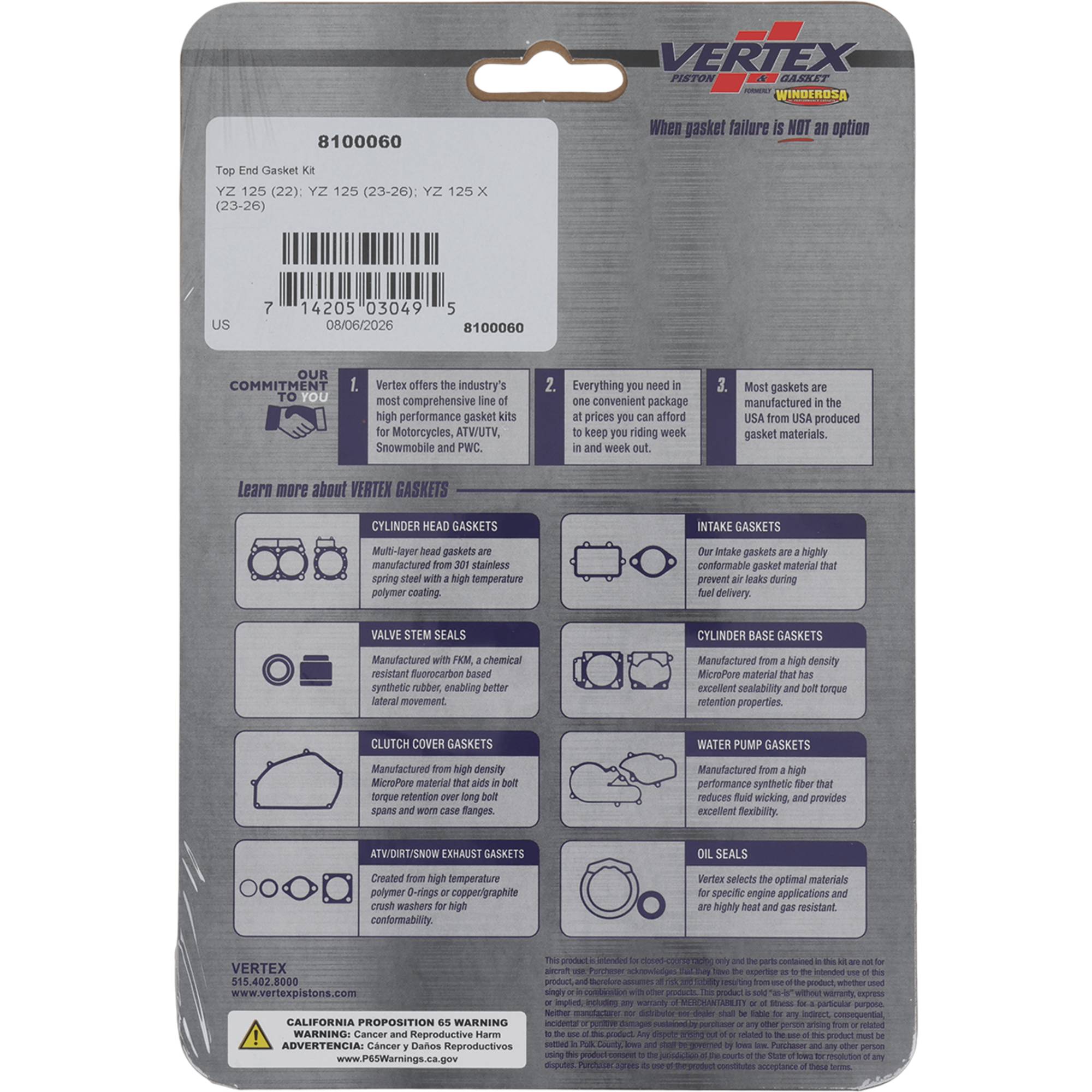 Top End Gasket Kit For Yamaha YZ 125 2022; 8100060