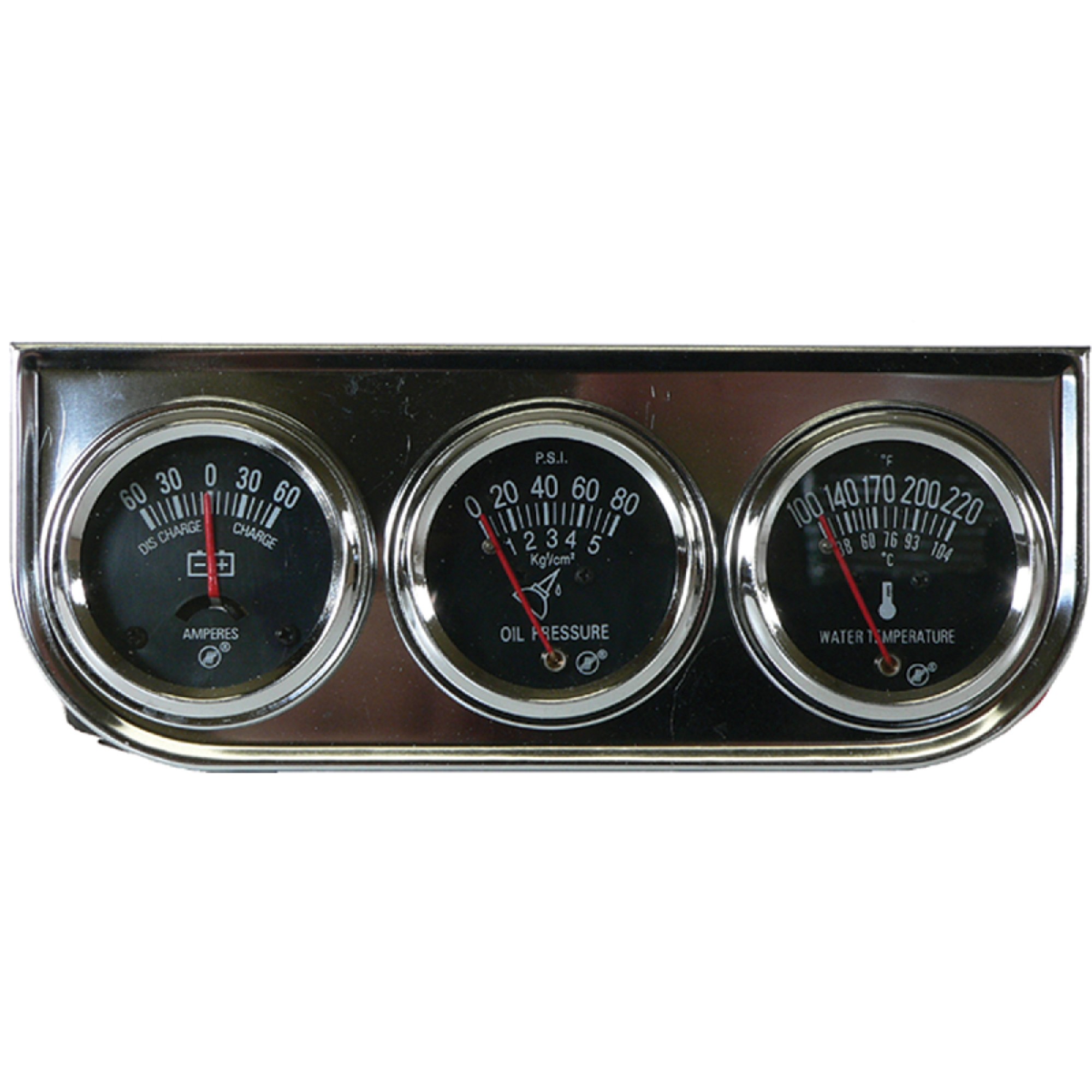 MECHANICAL TRIPLE CLUSTER GAUGE SET AMP-OIL-WATER / LIGHTED CHROME