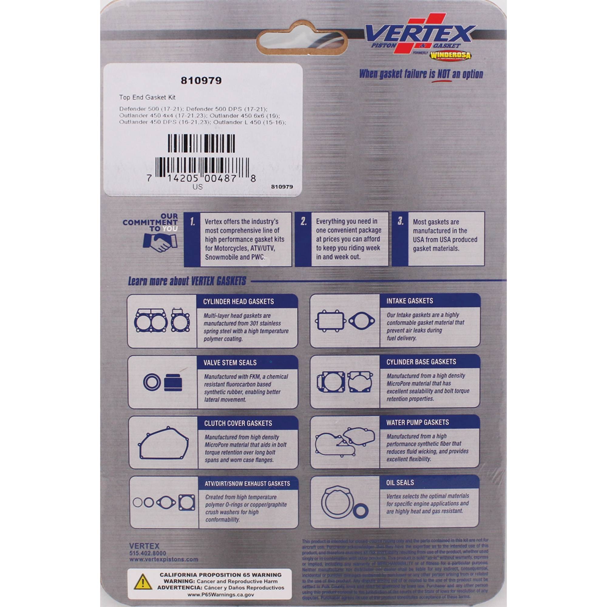 Vertex Top End Gasket Set (810979) for Can-Am Outlander L MAX 450 EFI 15-16