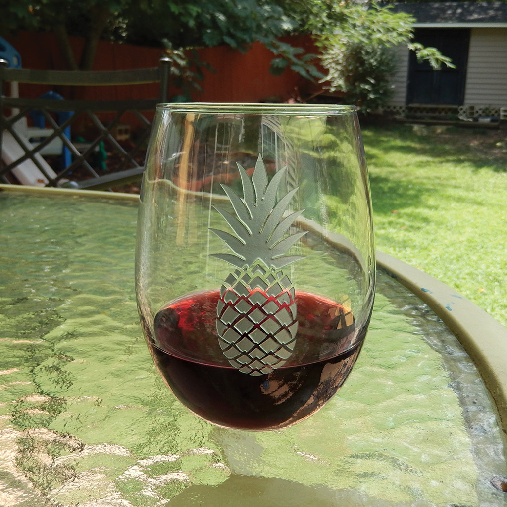 Large Stemless Wine Glass with Silver Pineapple