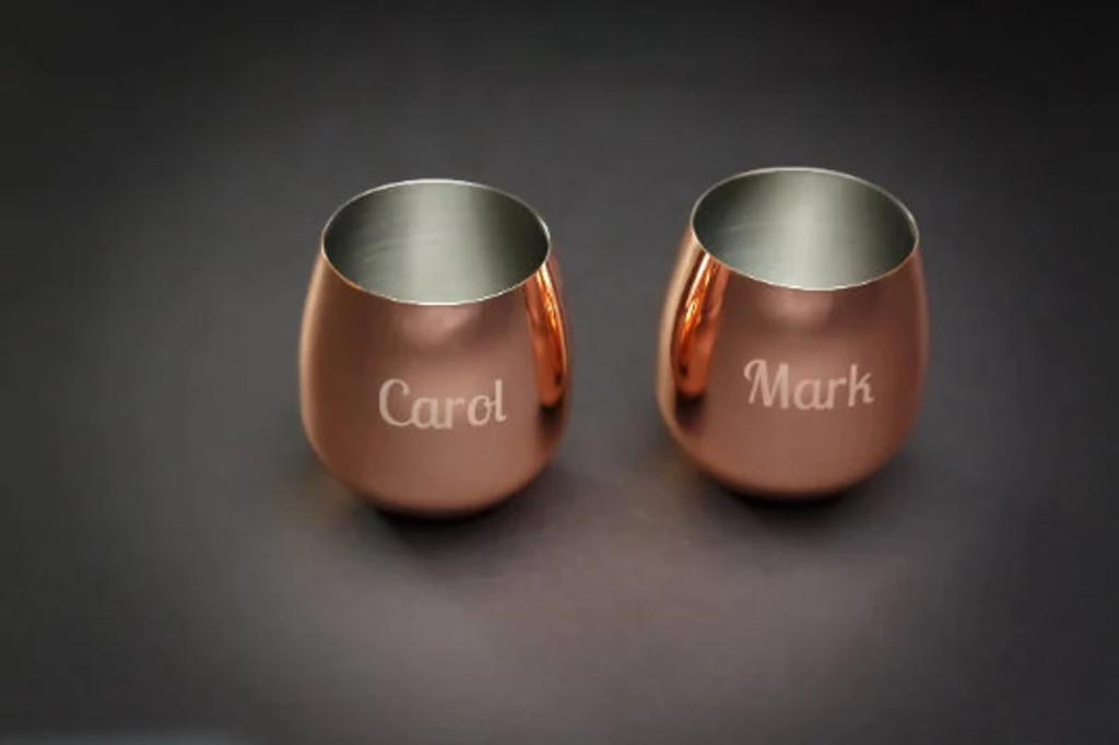 Copper Stemless Wines- 7th Anniversary Gift- pair. Etched Free Shipping