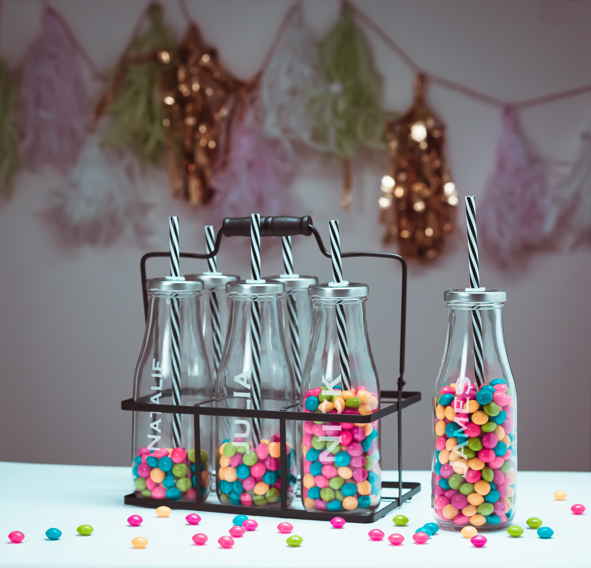 Personalized Unique Gift, Set/6 Glass Milk Bottles in Carry Container,  Etched Children’s Gift, Engraved Birthday Gift