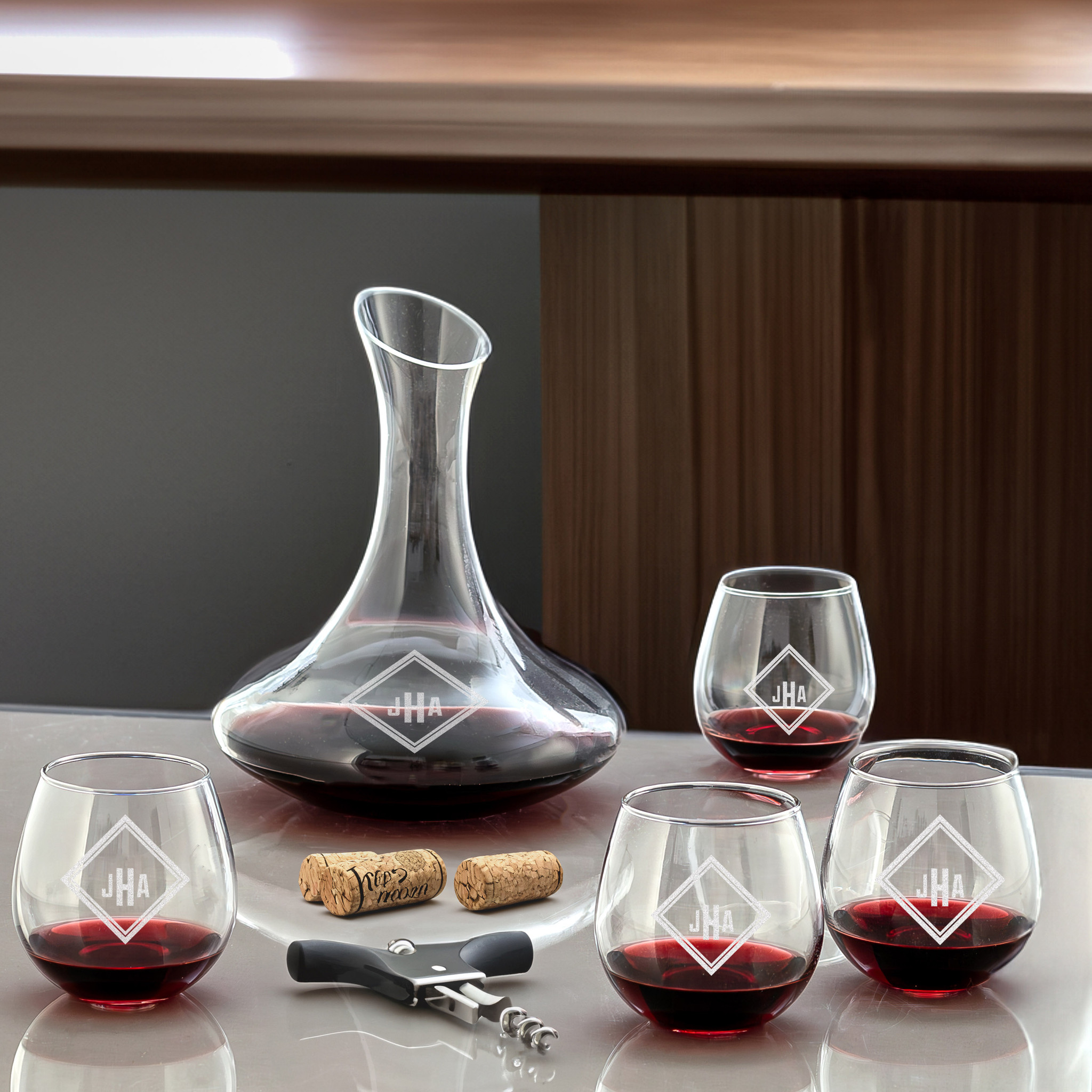 Etched Wine Glass Set and Red Wine