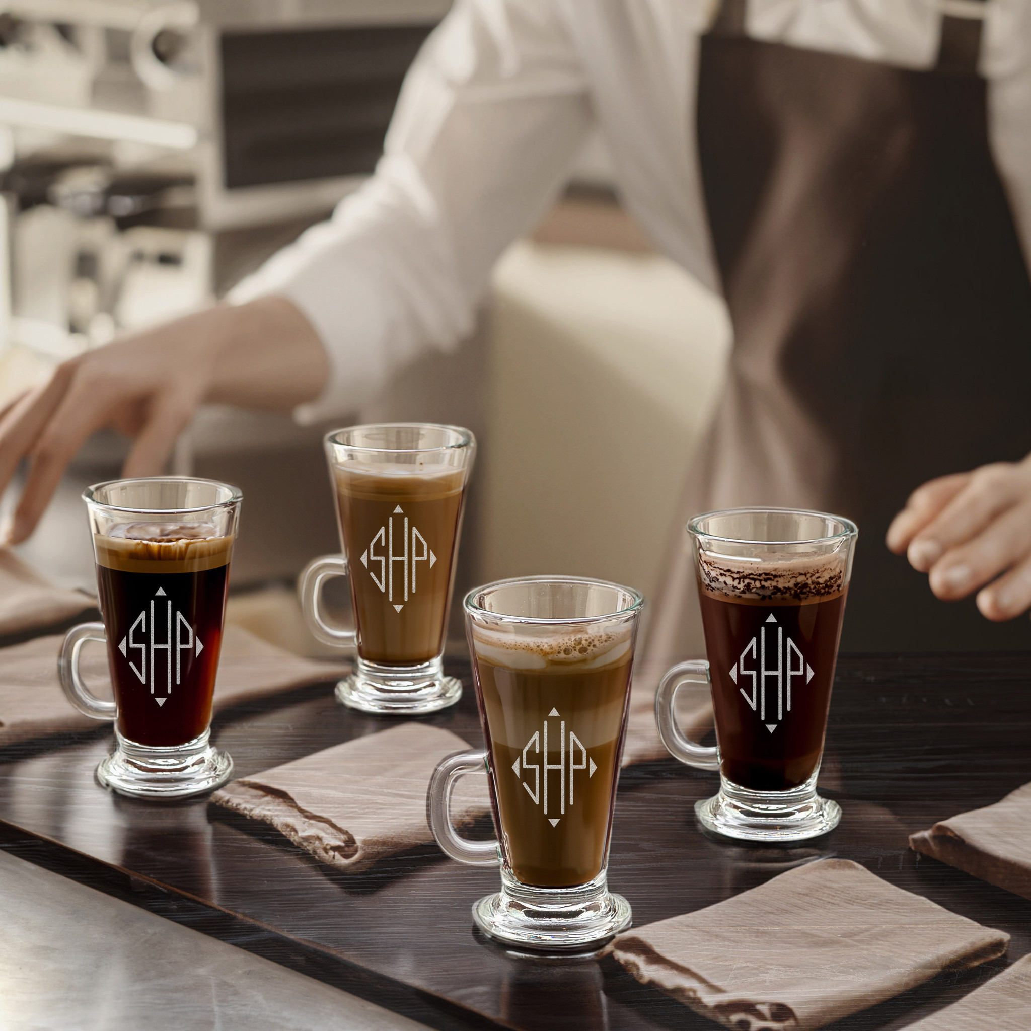 Alotta Latte, set/4 Etched & Stylized Crystal Coffee Mugs