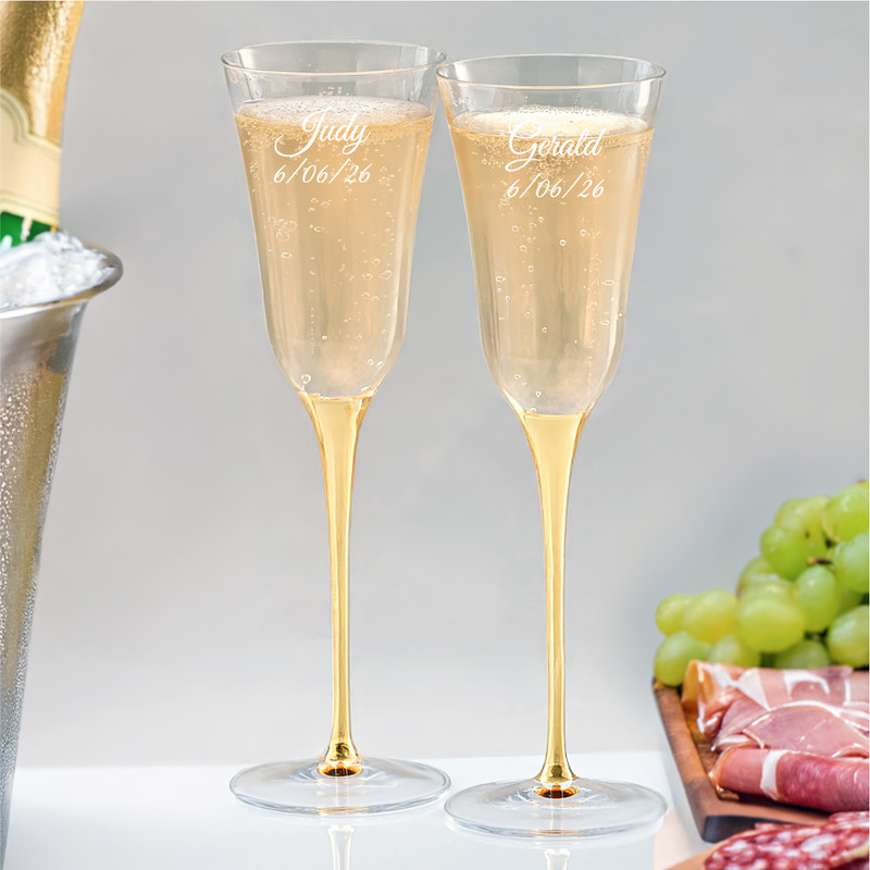 Etched Gold Stem Crystal Tulip Flutes 