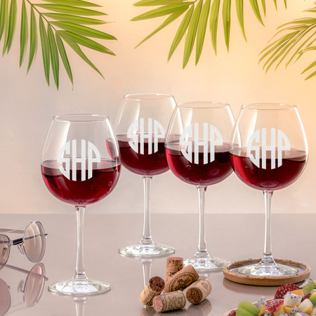 Set/4 Balloon Red Wine Glasses, etched,