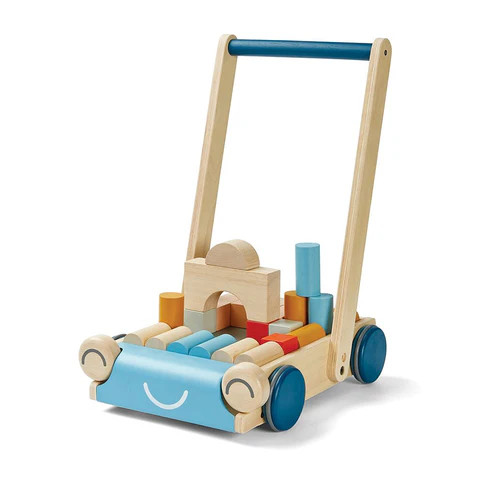 PlanToys Orchard wooden baby walker with 24 colourful and natural blocks