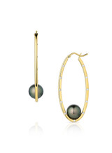 14KYG Tahitian Pearl Oval Diamond Hoop Earrings