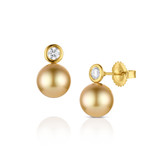 14K Pear Round Diamond Golden South Sea Pearl Earrings