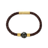 Yellow Steel Brown Bolo Leather Bracelet with Carved Tahitian Pearl