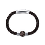 White Steel Black Bolo Leather Bracelet with Carved Tahitian Pearl
