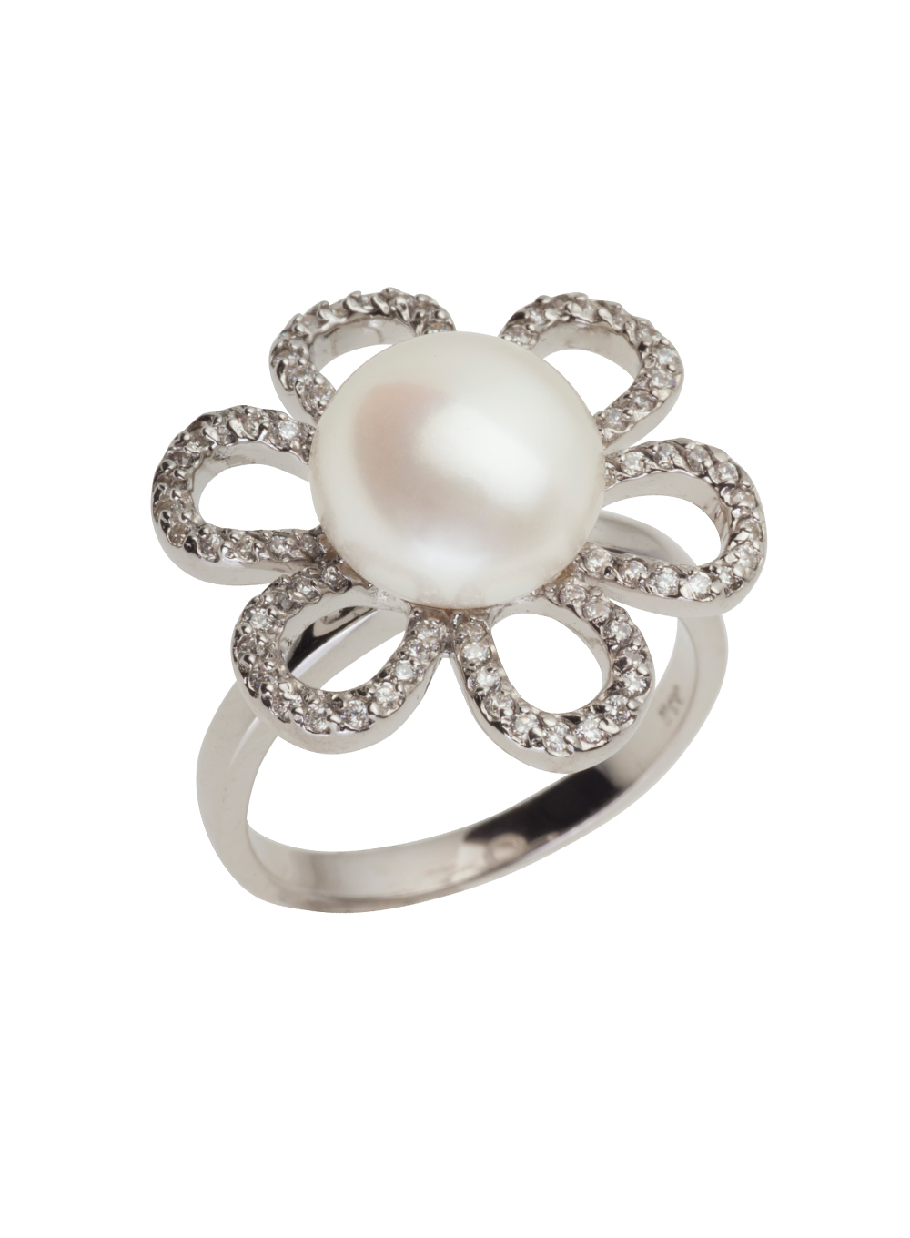 Sterling Silver Six Loops Flower Shaped Ring with Freshwater Pearl and  Cubic Zirconia