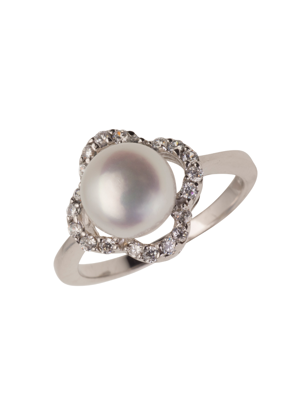 Sterling Silver Petal Shaped Ring with Freshwater Pearl and Cubic