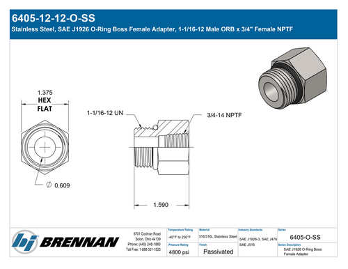6405-12-12-O-SS | Female Adapter | Brennan
