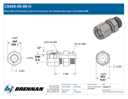 C6400-06-08-O | Male Connector | Brennan