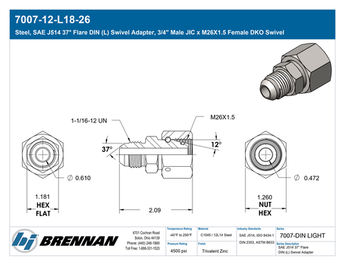 7007-12-L18-26 | DIN (L) Swivel Adapter | Brennan