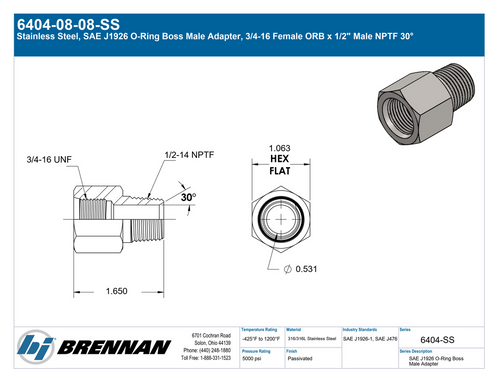 6404-08-08-SS | Male Adapter | Brennan