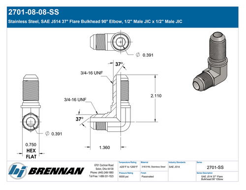 2701-08-08-SS | Bulkhead Elbow | Brennan