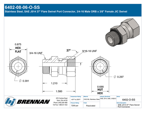 6402-08-06-O-SS | Swivel Connector | Brennan