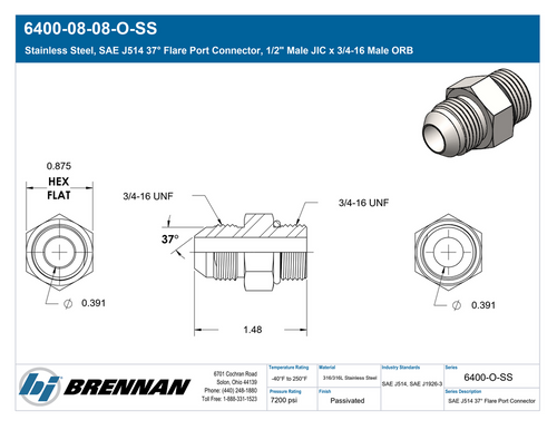 6400-08-08-O-SS | Male Connector | Brennan