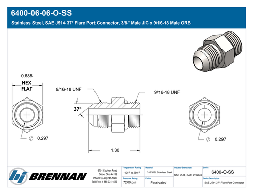 マメ 6400-06-06-O-SS | Male Connector | Brennan