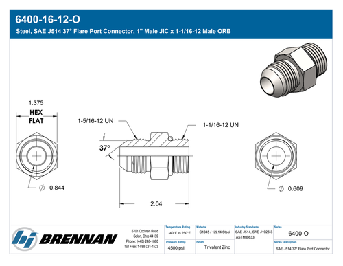 6400-16-12-O | Male Connector | Brennan