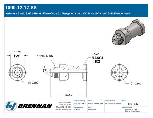 1800-12-12-SS | Male Adapter | Brennan