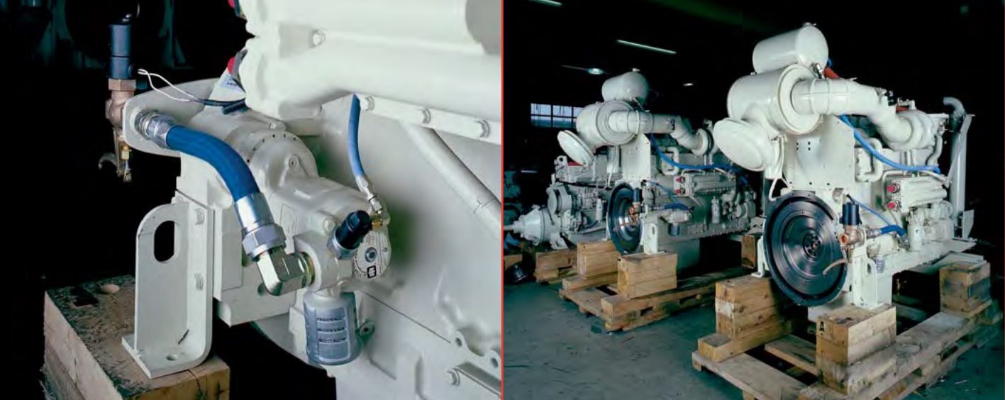 Two Ingersoll Rand 150BMGE21RH-6 vane air starters mounted on Cummins KTA14-M3 and KTA19-M4I marine diesel engines