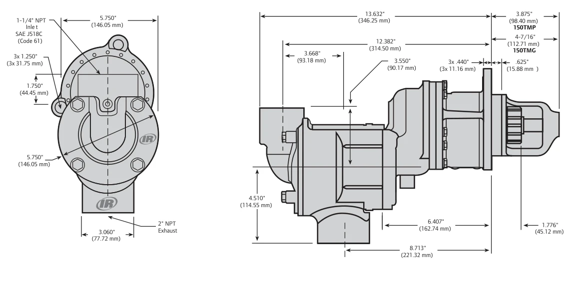150T F series dimensional drawing: 13.632 in. overall, 12.382 in. inlet to flange, 1-1/4 in. NPT SAE J518C inlet, 2 in. NPT exhaust