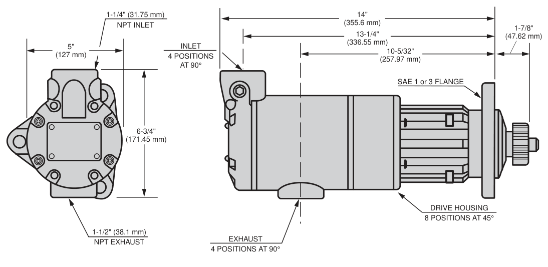 SS350G dimensional drawing: 14 in. overall length, 6-3/4 in. height, 5 in. width, 1-1/4 in. NPT inlet, 1-1/2 in. NPT exhaust, SAE 1 or 3 flange