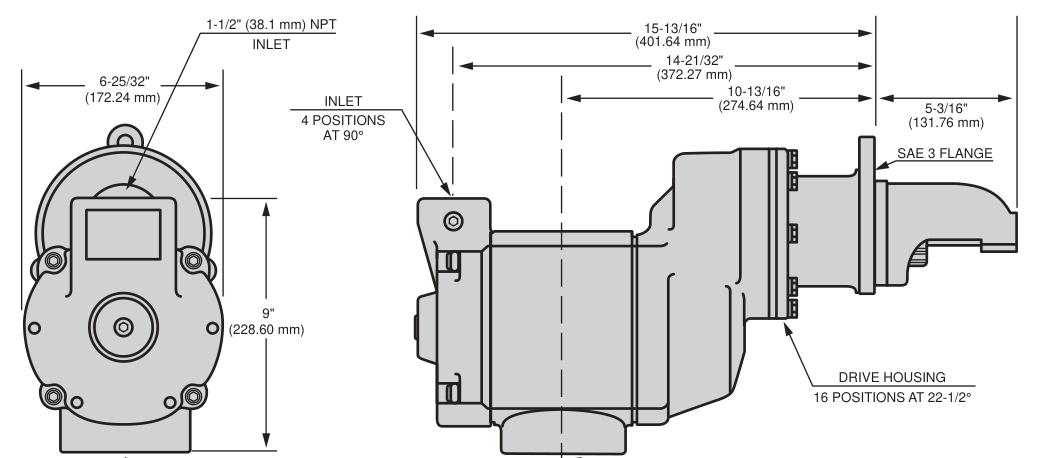 SS810G dimensional drawing: 15-13/16 in. overall length, 9 in. height, 6-25/32 in. width, 1-1/2 in. NPT inlet, 2-1/2 in. NPT exhaust, SAE 3 flange