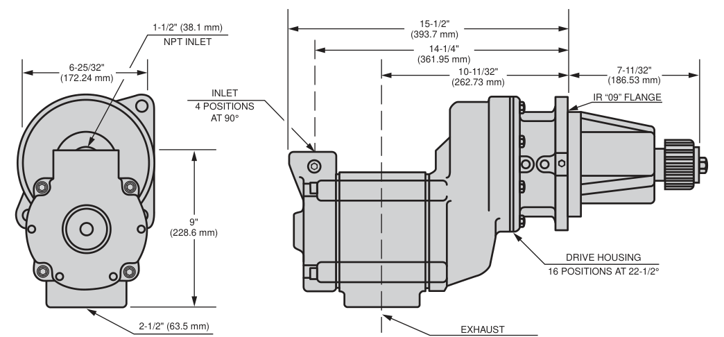 SS850G dimensional drawing: 15-1/2 in. overall length, 9 in. height, 6-25/32 in. width, 1-1/2 in. NPT inlet, 2-1/2 in. NPT exhaust, IR 09 flange