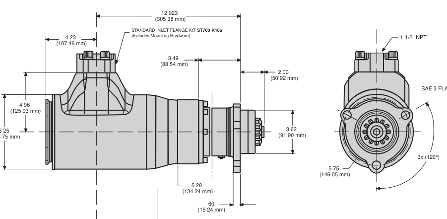 ST600 series dimensional drawing: 12.02 in. inlet to flange, 4.23 in. rear, 2.00 in. pinion projection, 3.62 in. pilot, SAE 3 flange, 1-1/2 NPT inlet