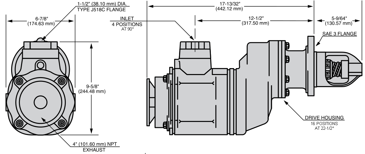 ST750 inertia turbine air starter dimensional drawing: 17-13/32 in. overall length, 9-5/8 in. height, 6-7/8 in. width, 1-1/2 in. J518C inlet, 4 in. NPT exhaust, SAE 3 flange