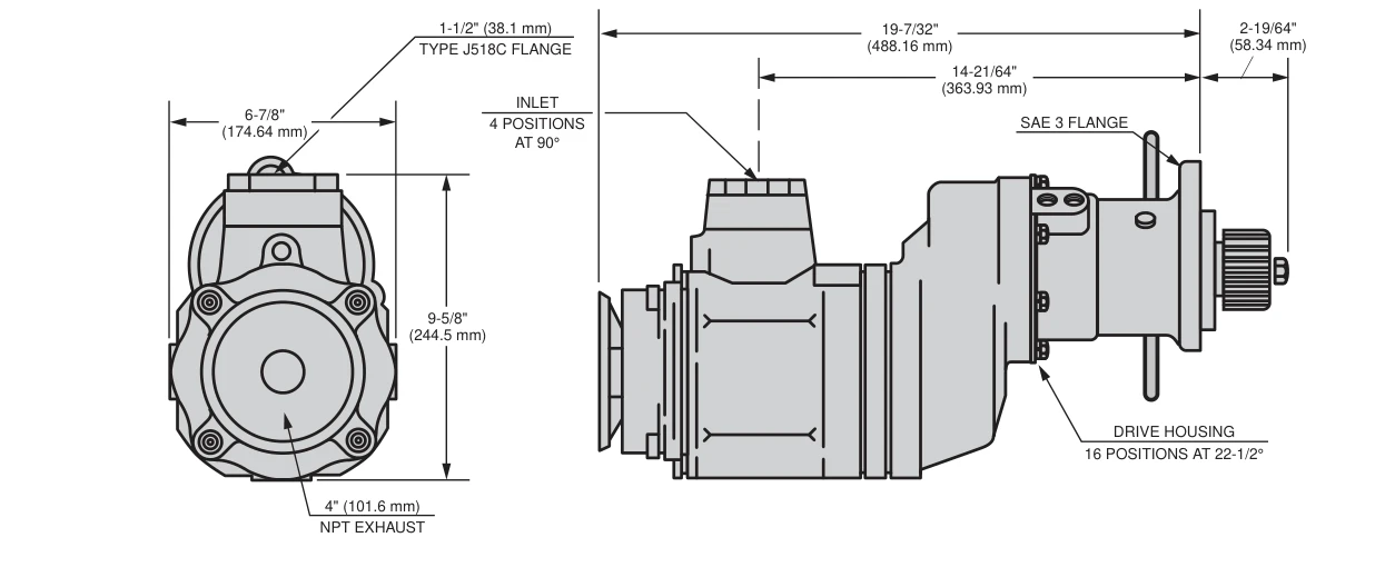 ST750 pre-engaged turbine starter dimensional drawing: 19-7/32 in. overall length, 9-5/8 in. height, 6-7/8 in. width, 1-1/2 in. J518C inlet, 4 in. NPT exhaust, SAE 3 flange