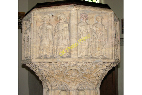 Photo 6"x4" St Julian's church in Norwich - C14 baptismal font (detail) Norwich c2010