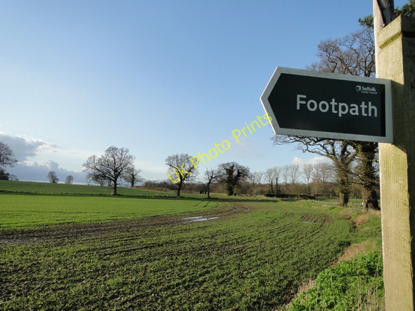 Photo 6"x4" Footpath No.2 sign and cropped fields at Great Glemham Benhall Street c2011
