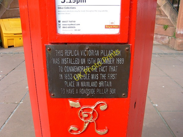 Photo 6"x4" Commemorative plaque on replica pillar box Carlisle c2008