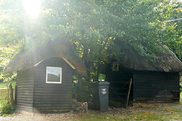 Photo 6"x4" Two thatched sheds Chute Cadley c2008