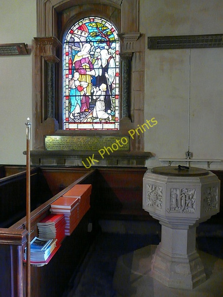 Photo 6"x4" Font and window, St. Peter's Church Castle Carrock c2009