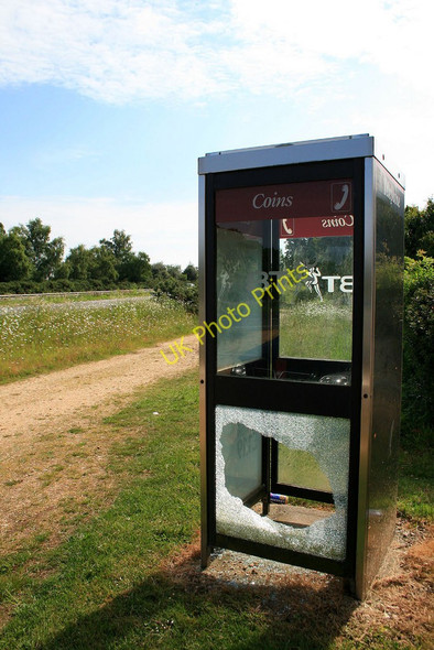 Photo 6"x4" Phone box with broken glass Stoney Cross c2010