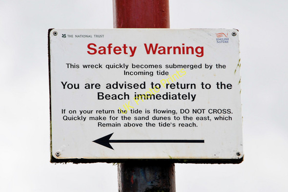 Photo 6"x4" SS Vina - Safety warning sign Brancaster Staithe c2010