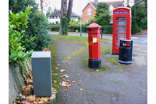 Photo 6"x4" Penfold pillar box, K6 telephone box, a litter bin and a grey box, Evesham Road, Cheltenham Cheltenham c2009