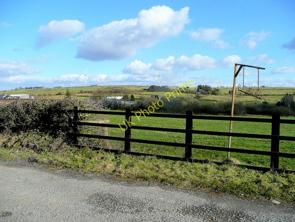 Photo 6"x4" Plasnewydd sign and turbines Alltwalis c2010