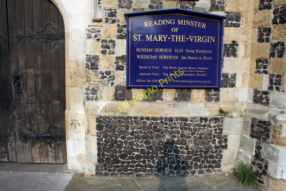 Photo 6"x4" Benchmark and church sign on the tower of St Mary the Virgin Reading c2011