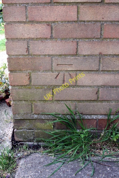 Photo 6"x4" Benchmark on the garage extension of #105 Challis Lane Braintree c2011