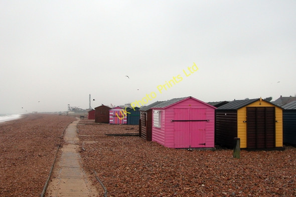 Photo 6"x4" Beach huts on the front at Hayling Island Eastoke c2006