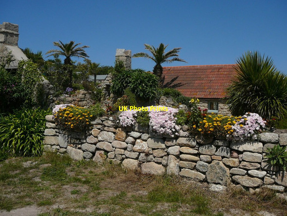 Photo 6"x4" Garden wall with flowers at Northward, Tresco Northward c2011